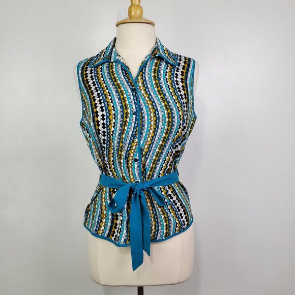 Unique Spectrum Sleeveless Belted Colorful Button Front Top Size L - Picture 1 of 12
